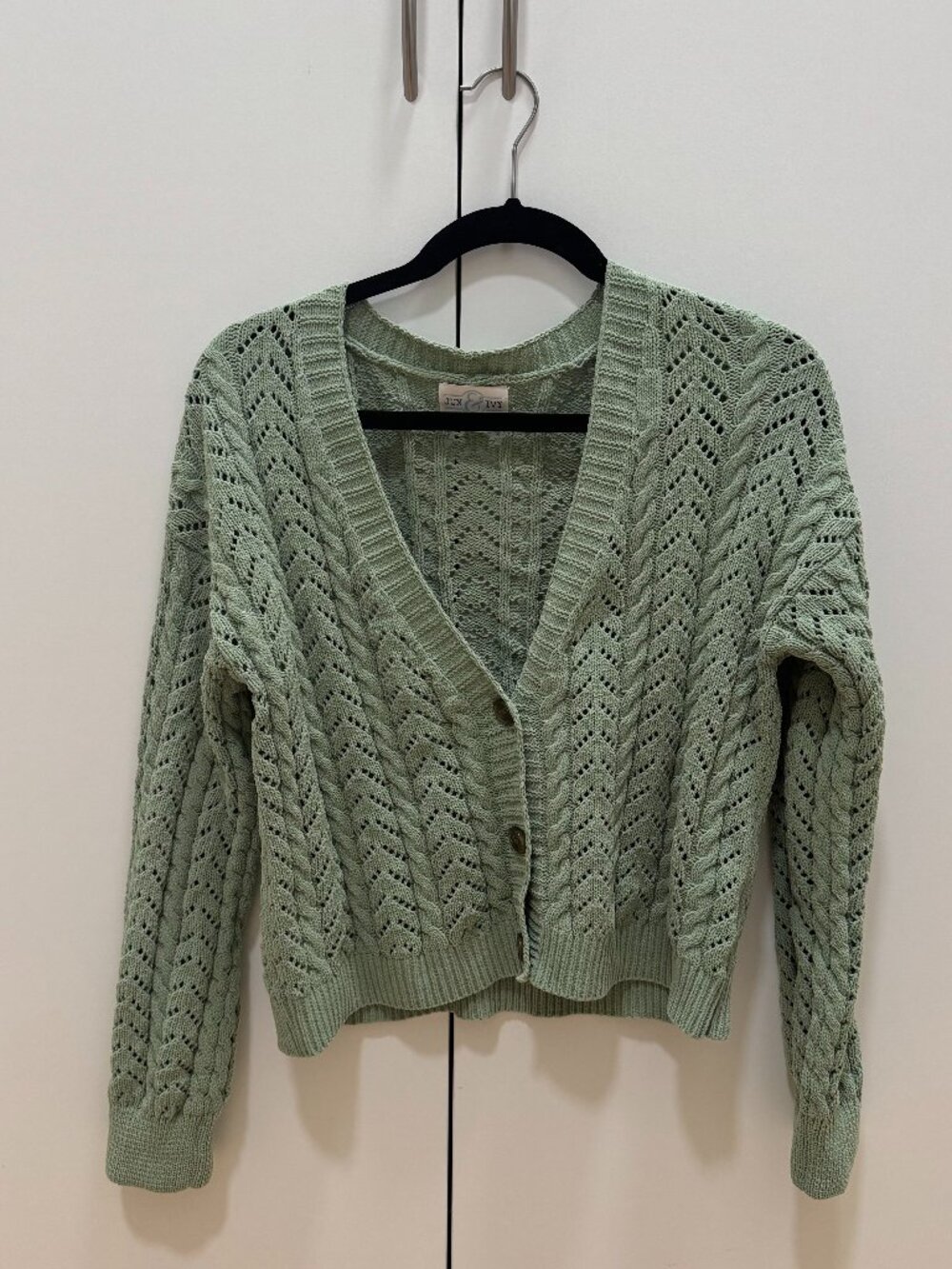 June & Ivy Green Cable Knit Cropped Cardigan